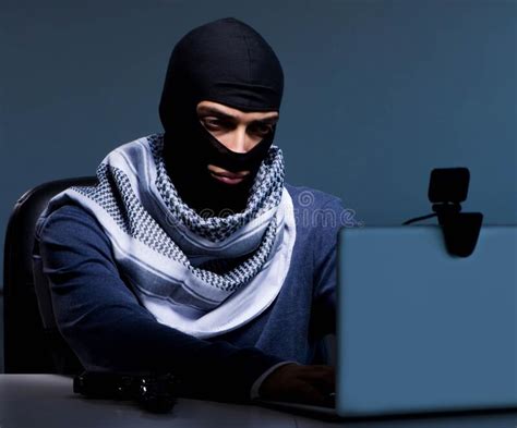Hacker Wearing Balaclava Mask Hacking Computer Stock Image Image Of