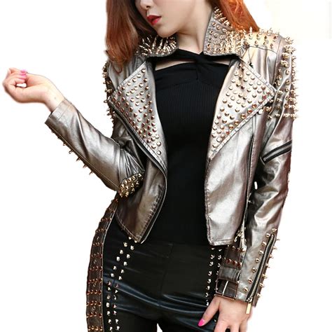 Leather Jacket Coat Slim Bi Metal Silver Rivet Metallic Leather Jacket