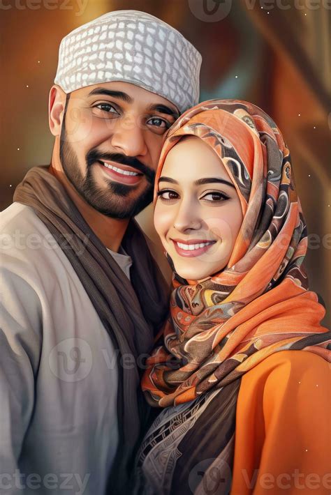 Realistic Portrait Of Arab Couple Wearing Traditional Attire Actual Image Eid Celebration