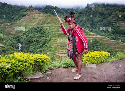 Banaue Old Ifugao Man In National Dress Next To Rice Terraces Philippines Luzon Asia Stock