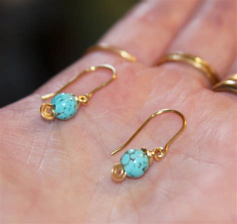 Tiny Turquoise Dangle Earrings Organic Jewelry Brass Etsy