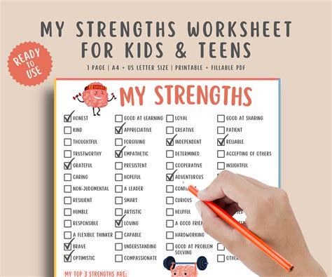 My Strengths Worksheet For Kids And Teens Self Esteem Journal Children