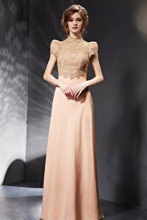 Vintage Chiffon A Line High Neck Evening Dress With Sleeves Xhc30653