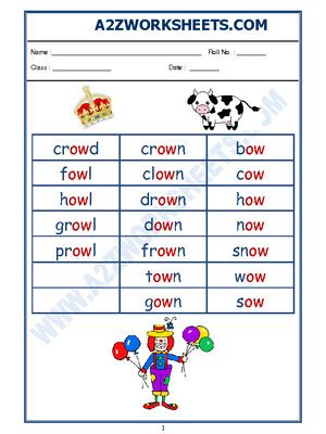 In this language arts worksheet, your child will match each sound word to the object that makes that sound. A2Zworksheets:Worksheet of English Phonics Sounds - 'ow ...