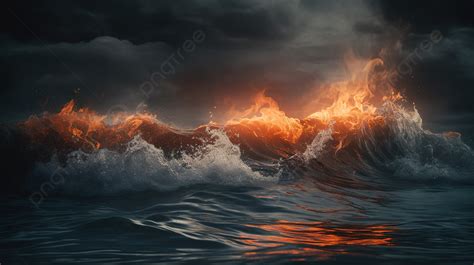 Waves With Fire In The Ocean And A Dark Sky Background Picture Of The