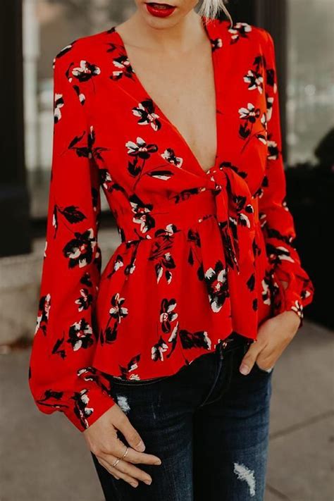 Deep V Neck Bowknot Ruffled Hem Floral Printed Blouse For Women Casual