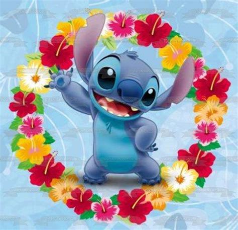 Lilo And Stitch Flowers Blue Background Edible Cake Topper Image