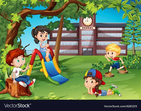 Students Playing In The School Playground Vector Image