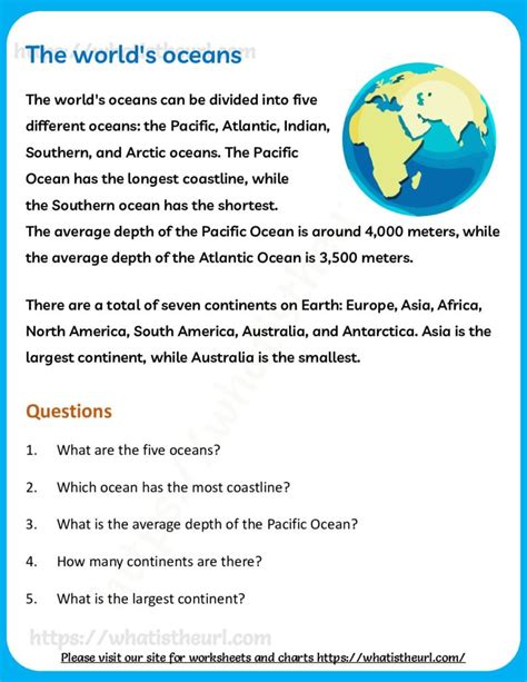 The Worlds Oceans Reading Comprehension For Grade 3 And 4 Your