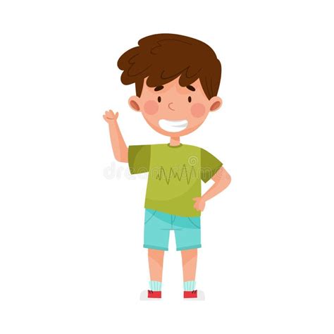 Smiling Boy Character In Shorts Greeting Waving Hand And Saying Hi