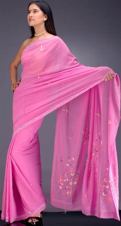bubble pink sari with sequins and thread work exotic india art