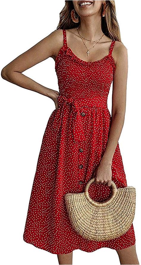 Daxvens Womens Sundress Summer Polka Dot Beach Party Casual Sun Red