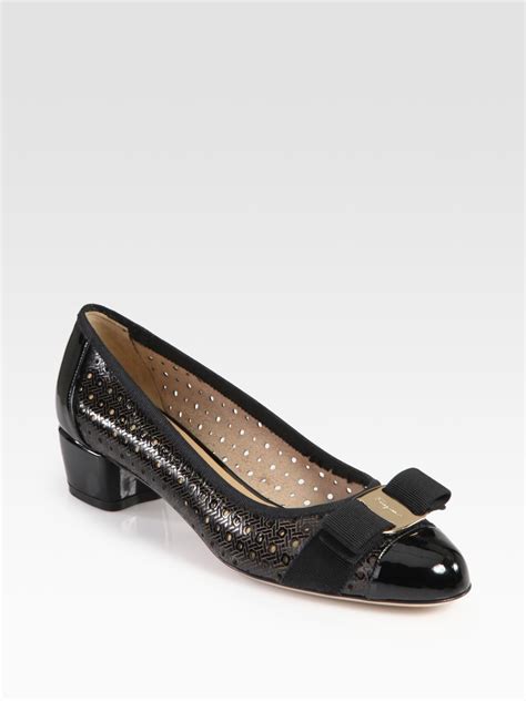 Ferragamo Printed Patent Leather And Grosgrain Ribbon Bow Pumps In