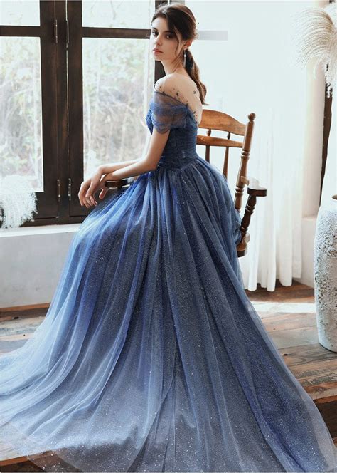 Buy Charming A Line Blue Ombre Tulle Prom Dresses With Open Back