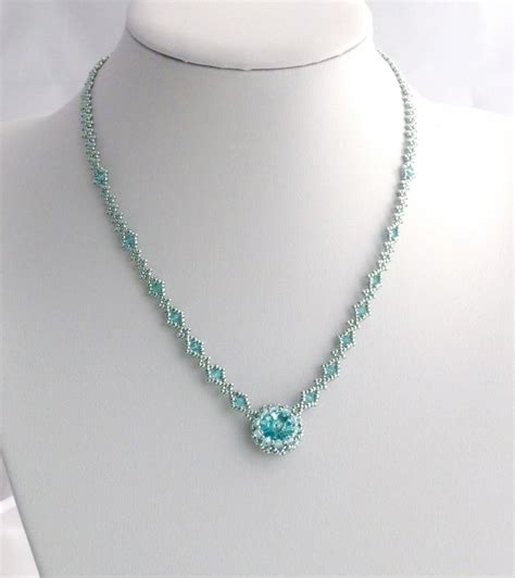 Aqua Beadwork Necklace With Light Turquoise Swarovski Crystals Seed