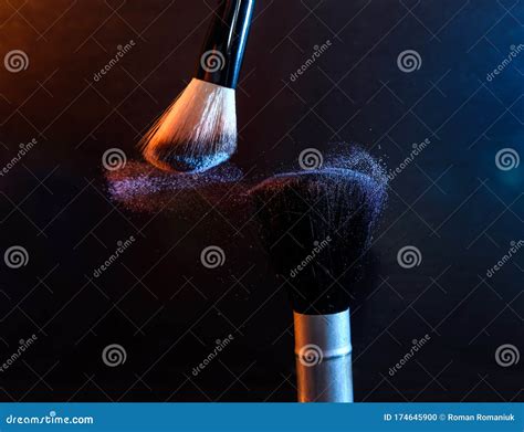 Brushes For Makeup With Powder On Dark Background Stock Photo Image