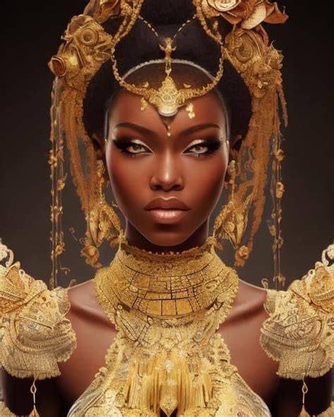 An African Woman Wearing Gold Jewelry And Headdress With Roses On Her Hair