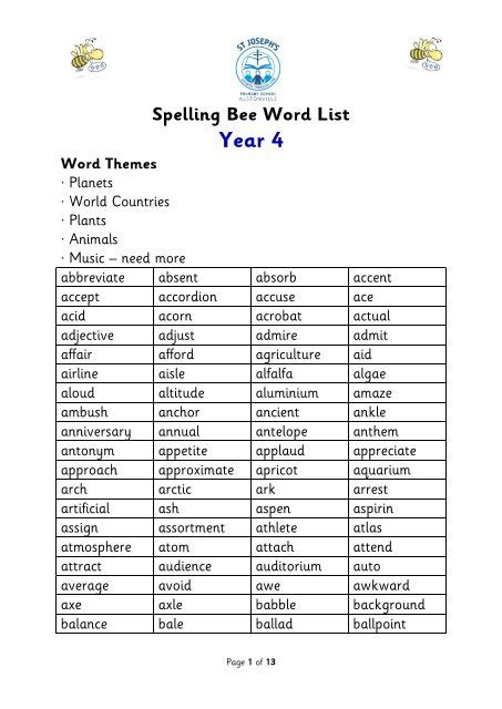 Grade Spelling Bee Word List