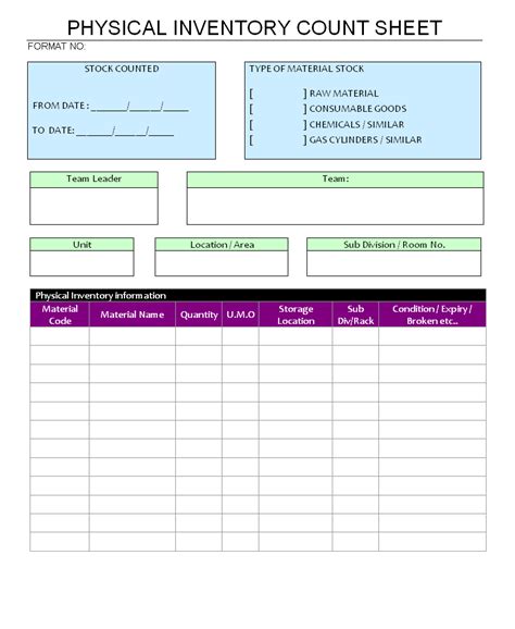 Physical Inventory Count Sheet Format Samples Word Document Download