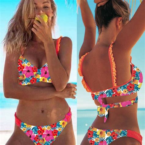 Women Floral Bikini Set Push Up Padded Bra Swimsuit Beach Wear High Waist Bathing Suit Triangle