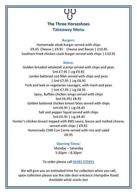 Takeaway Menu The Three Horseshoes Henley