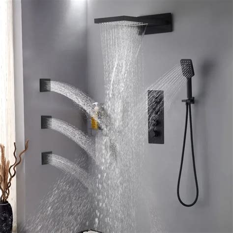 Wall Mounted Waterfall Rain Shower System With 3 Body Sprays In Matte Black Homary