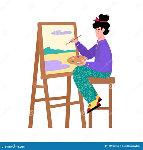 Painter Artist Woman Painting On Canvas Cartoon Vector Illustration