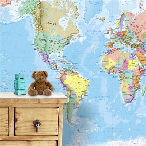 Giant World Map Mural Blue Ocean Wall Decal Map Etsy