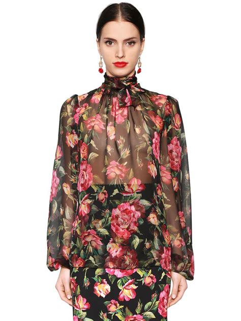 Dolce Gabbana Floral Print Sheer Silk Chiffon Blouse In Black Pink