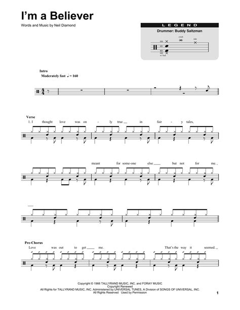 Im A Believer Sheet Music The Monkees Drums Transcription