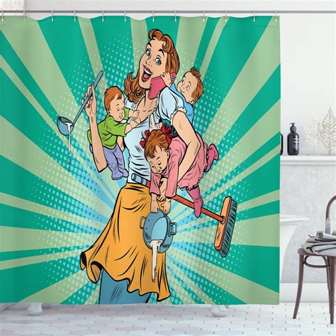 Call Mom Shower Curtain Cartoon Style Mother With House Chores And