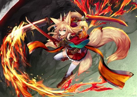 Wallpaper Fox Girl Sword Flame Animal Ears Nine Tails Green Eyes