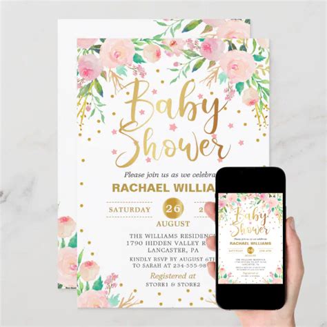 Elegant Watercolor Floral Pink Gold Baby Shower Invitation Zazzle