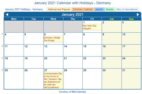 Print Friendly January 2021 Germany Calendar For Printing