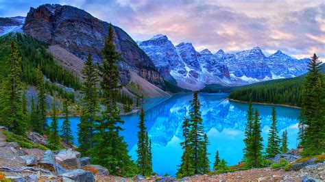 Canada Parks Mountains Lake Scenery Moraine Lake Banff Fir