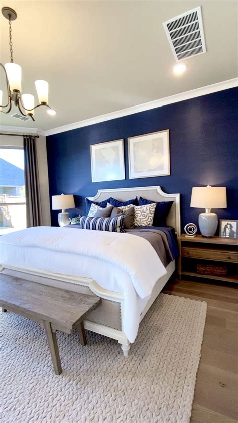 Even despite the use of dark colors, 3d sky visually expands the space. Master Bedroom with Blue focal wall, #bedroom #Blue #focal ...