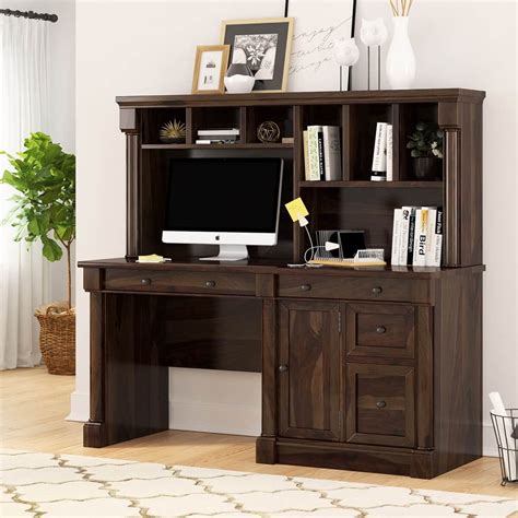 Perrinton Rustic Solid Wood Home Office Computer Desk With Hutch