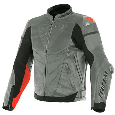 Dainese Super Race Perforated Leather Jacket Charcoal Grey Fluo Red