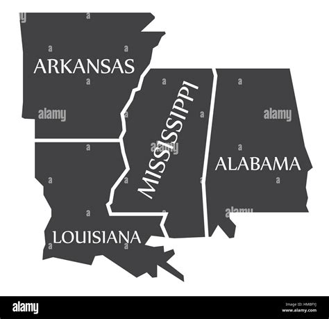 Arkansas Louisiana Mississippi Alabama Map Labelled Black