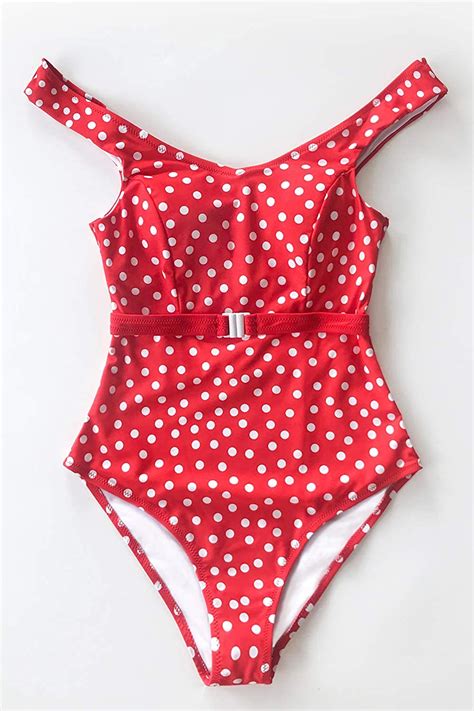 Women S Red Polka Dot Belted One Piece Swimsuit Red Size Large 9inM