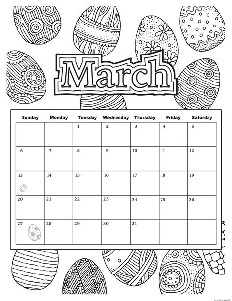 March Calendar Easter 2019 Coloring Pages Printable