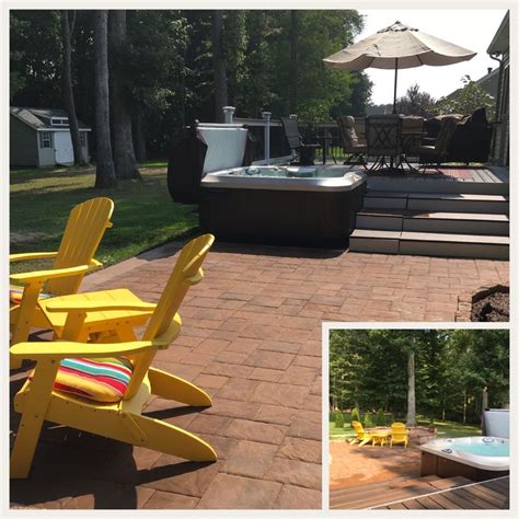 Paver Patio With Fire Pit Sitting Wall Hot Tub And Deck Paver Patio Outdoor Chairs