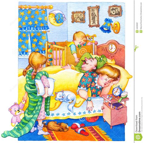Watercolor Illustration Children Woke Up And Wake Up Parents Stock