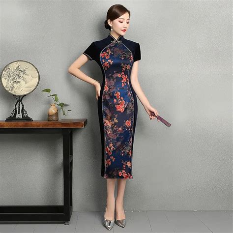 Plus Size S Xl Sexy Cheongsam Spring Traditional Chinese Style Velour Long Dress Womens