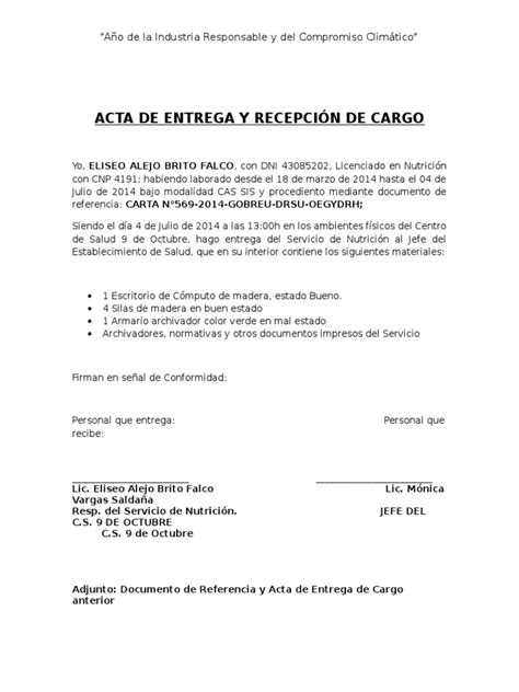 Acta De Entrega Y Recepción De Cargo