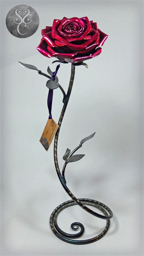 Hand Crafted Steel Rose Sculpture Large On Curled Stem Etsy Uk