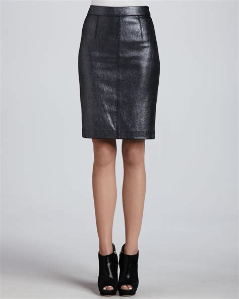 milly edith leather pencil skirt in black shimmer gunmetal lyst