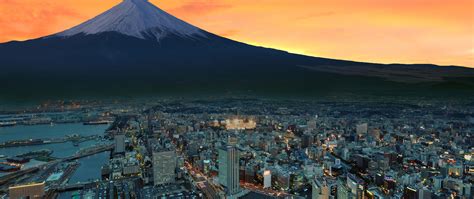 2560x1080 Mount Fuji Snowy Peak Japan Sunset City 2560x1080 Resolution