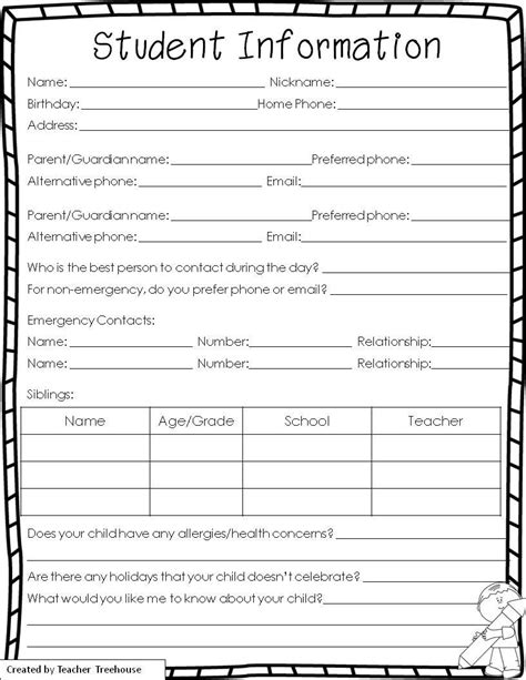 Printable Student Contact Information Form Printable Forms Free Online