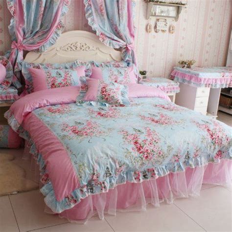 Fadfay Home Textile Romantic Rose Print Bedding Sets Blue Pink Bedding Sets